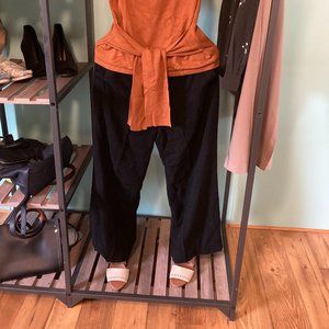 Black Linen Wide Leg Drawstring Pants